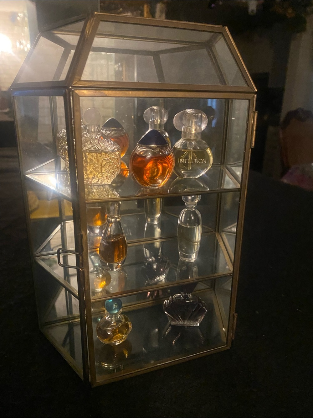 Vintage 10” Glass & Brass Curio with Miniature Perfume Collection